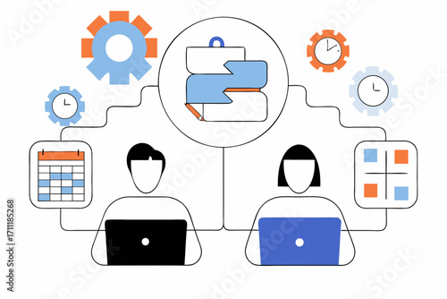 Collaborative team planning workflow strategy with digital tools and synchronized tasks for project success