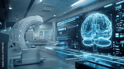 Futuristic medical technology lab showcasing digital brain graphic