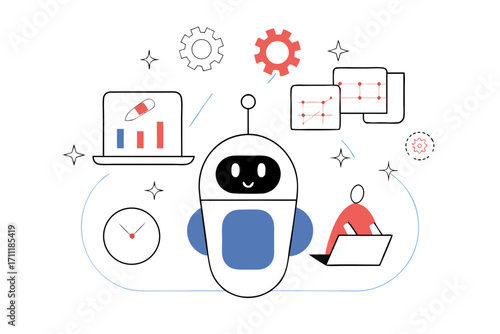 Smart robot assists human with data analysis charts and time management for efficient business operations