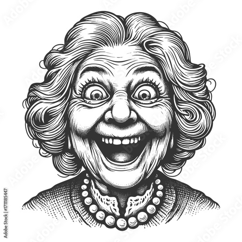elderly woman with wide smile, curly hair, and pearl necklace, expressing joyful laughter sketch engraving generative ai fictional character vector illustration. Scratch board. Black and white image.