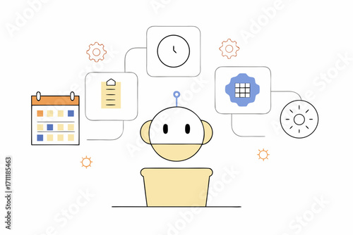 Smart robot managing tasks calendar clock data and planning with efficiency and modern design