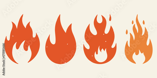 Four stylized cartoon flames in different shades of orange and red on a cream background