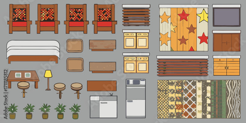 Collection of cartoon style furniture and home decor elements for interior design projects