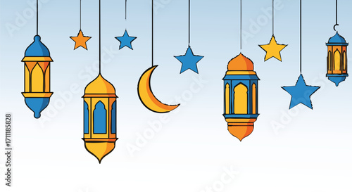 Ramadan Kareem Hanging Lanterns Stars and Moon Islamic Festive Background for Social Media