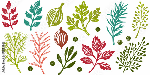 Collection of hand drawn botanical illustrations of herbs and leaves in various colors