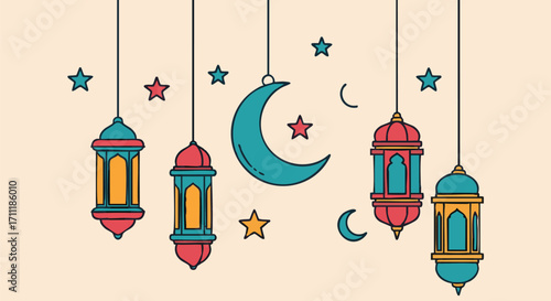 Ramadan Kareem Hanging Lanterns Stars and Moon Islamic Festive Illustration