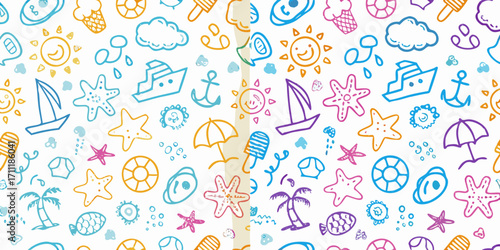 Whimsical hand drawn summer vacation icons seamless pattern with beach and ocean elements