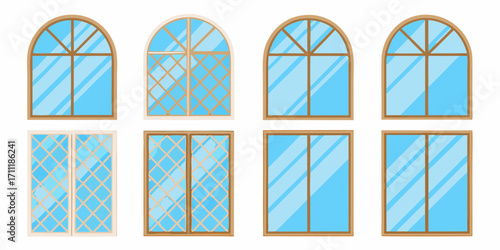 Collection of eight different architectural window designs with wooden frames and blue glass panes