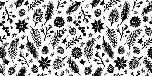 Hand drawn black and white winter holiday botanical pattern with pinecones and stars