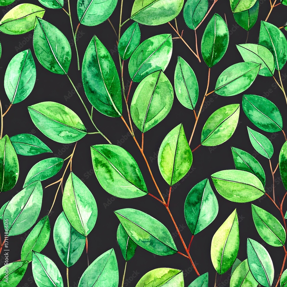 Obraz premium Watercolor pattern of vibrant green leaves on dark branches