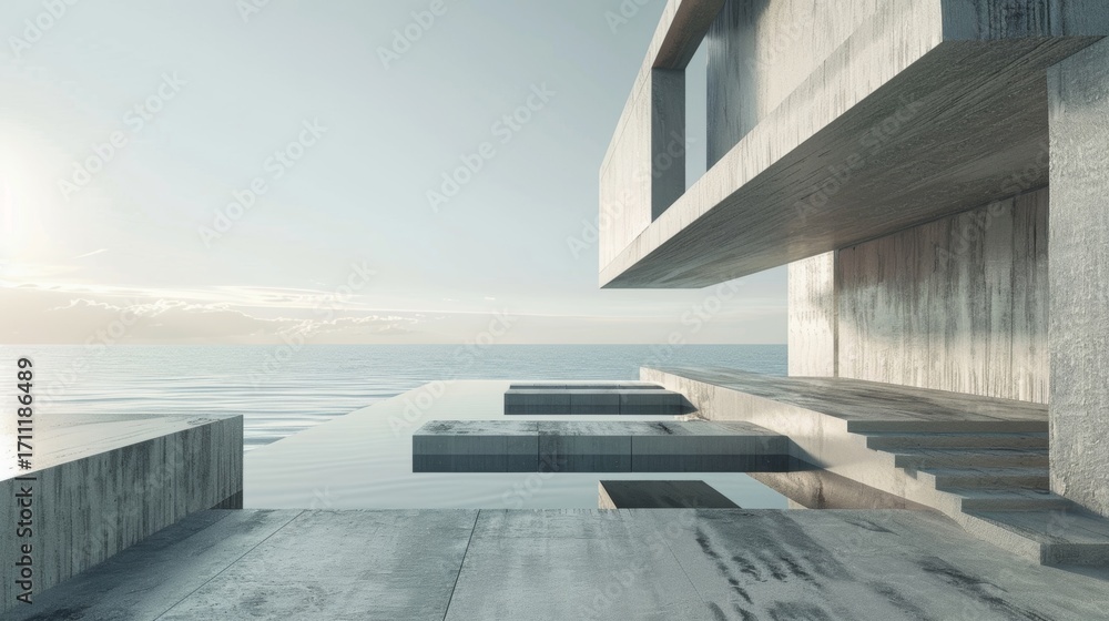 Fototapeta premium A beach scene composed entirely of geometric shapes in varying shades of gray creating a modern and sleek image.