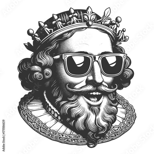 cheerful bearded king in ornate crown and ruff collar, humorously wearing modern sunglasses sketch engraving generative ai fictional character vector illustration. Scratch board. Black and white image