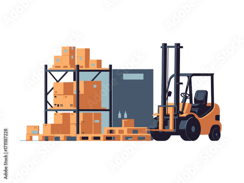 Warehouse Interior with Forklift and Pallets with Boxes on Racks in Pixel Art Style Logistics Illustration on transparent Background