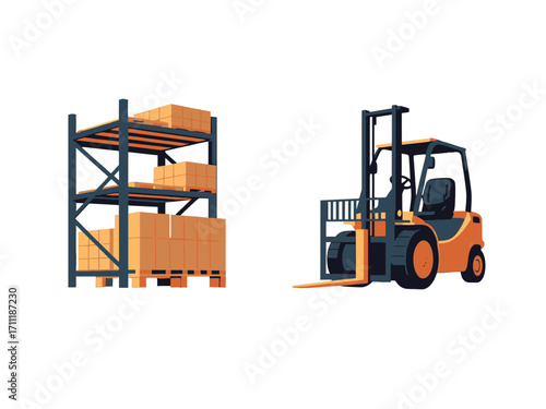Isolated Pixel Art Image of a Blue and Orange Forklift and a Pallet Rack with Boxes Against a transparent Background
