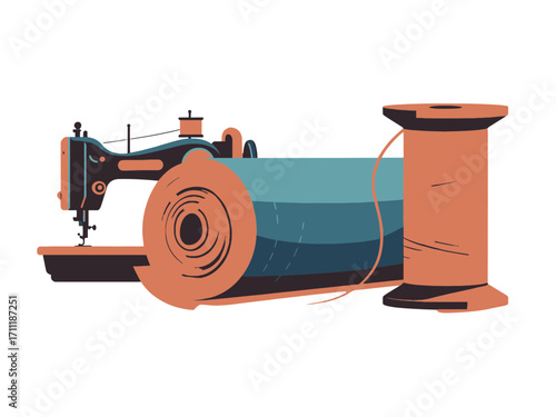 Retro Sewing Machine and Spool of Thread Illustration with Teal and Orange Colors on transparent Background