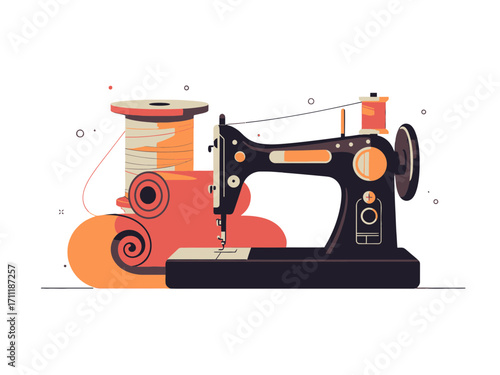 Minimalist Sewing Machine Illustration with Thread Spools in Muted Colors on transparent Background Vector