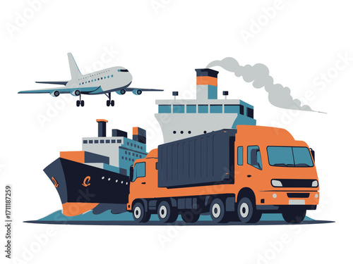 Pixel Art Illustration of Global Shipping and Logistics on transparent Background Featuring Cargo Ship Orange Truck and Airplane with Geometric Clouds
