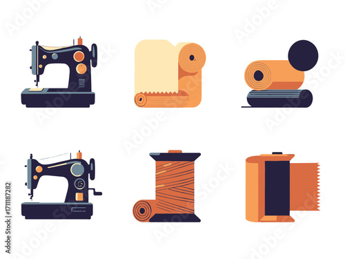 Detailed Vector Illustration of Sewing Machines and Fabric Rolls on a transparent Background in Pixel Art Style