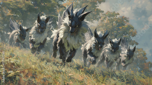 A dynamic herd of mythical horned beasts running wild.