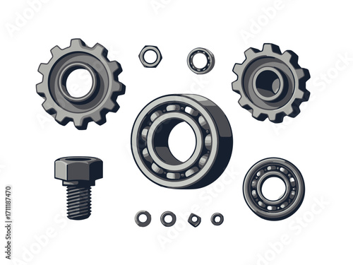 Mechanical Components Still Life in Dark Tones featuring Gears Bearings Nuts and Bolts on transparent Background