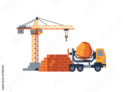 Pixel Art Construction Site with Yellow Crane Brick Pile and Mixer Truck on transparent Background