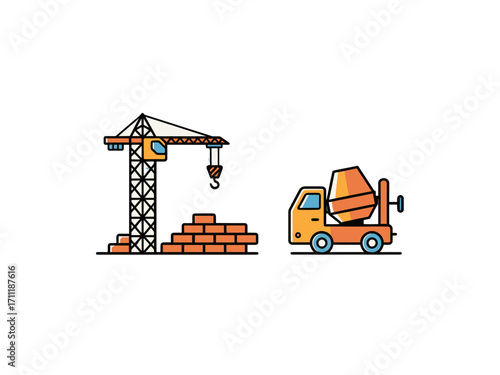 Construction Crane and Cement Truck with Bricks on transparent Background Pixel Art Style
