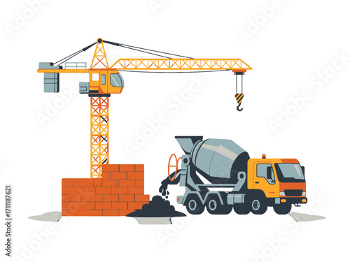 Pixel Art Illustration of Construction Site with Crane and Cement Truck Against a transparent Background