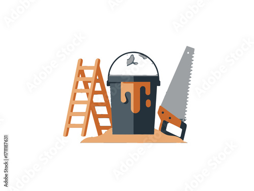 Construction Tools Vector Illustration of Wooden Ladder Gray Bucket with Orange Paint and Hand Saw on a Solid transparent Background