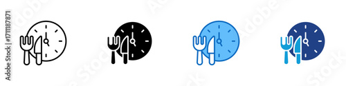 Meal Time Multiple Style Icon Design Vector - Fork and knife with a clock, representing eating schedule, lunch break, and mealtime