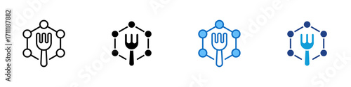 Nutrition Network Multiple Style Icon Design Vector - Fork symbol connected with nodes, representing nutrition, healthy food sharing, and community eating habits