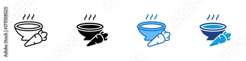 Hot Soup Multiple Style Icon Design Vector - Steaming bowl of soup with carrot, symbolizing warm food, healthy meals, and homemade cooking