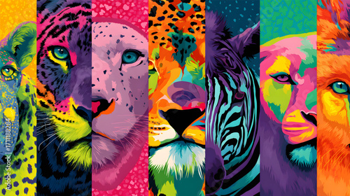 Vibrant Pop Art Collage of Wild Animal Faces.