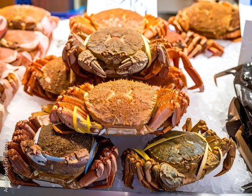 Fresh crabs on ice at a market