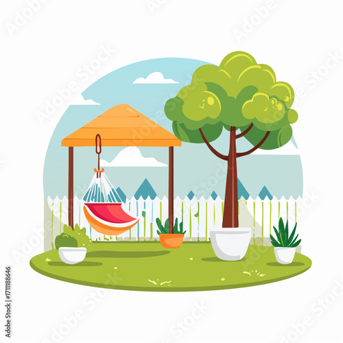 Cozy backyard with hanging chair and plants in pots House patio with fence, furniture for picnic green grass and tree Summer landscape of yard Vector cartoon illustration