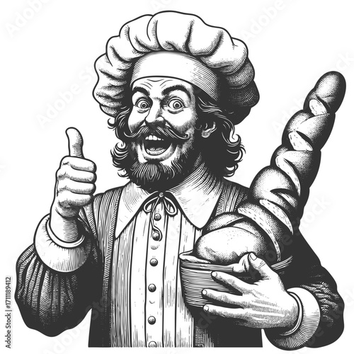 cheerful medieval baker, giving a thumbs up while proudly holding a large loaf of bread sketch engraving generative ai fictional character vector illustration. Scratch board. Black and white image.