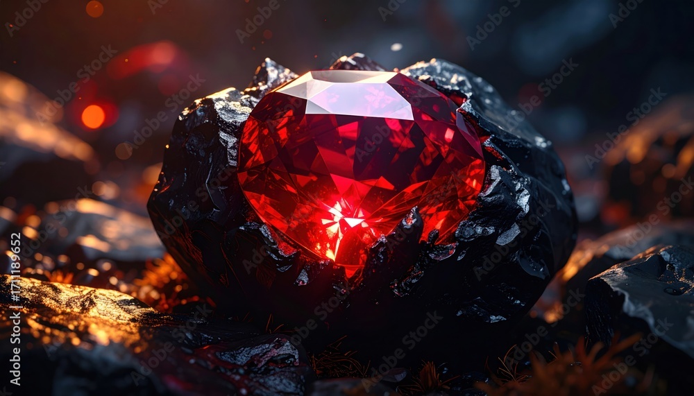 Fototapeta premium Radiant Ruby Embedded in a Dark Volcanic Rock