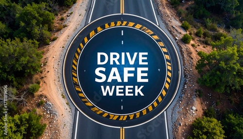 Aerial view of a road with a circular message promoting 