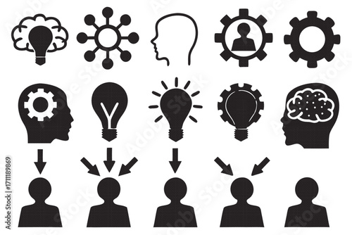 Collection of idea generation and influence icons, representing concepts, inspiration, and impact in various symbolic forms