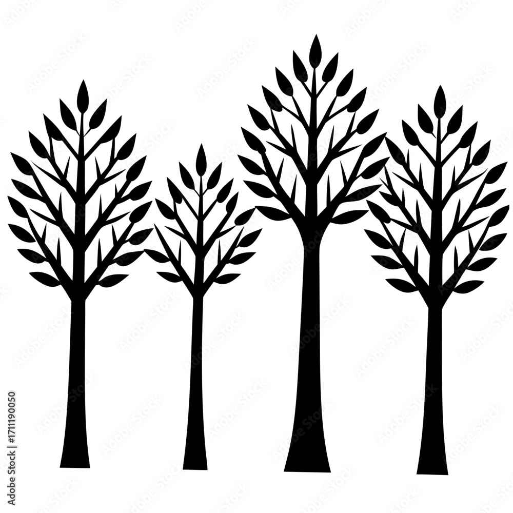 Obraz premium Minimalist black and white illustration of four stylized trees in a row
