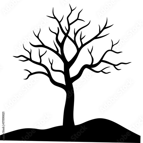 A stark black silhouette of a bare tree against a white backdrop