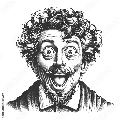 man with curly wild hair, mustache, and goatee, showing wide-eyed excitement with open mouth sketch engraving generative ai fictional character vector illustration. Scratch board. Black and white.