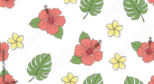Tropical Floral Seamless Pattern Hibiscus and Plumeria Design