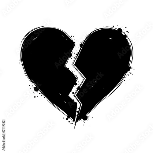 Grunge black broken heart illustration with ink splatter effect. Symbol of heartbreak, sadness, and divorce isolated on white