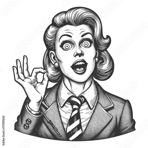 woman in suit and tie, wide-eyed, making an exaggerated OK hand gesture with expression sketch engraving generative ai fictional character vector illustration. Scratch board. Black and white image.