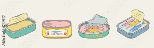 Collection of colorful, hand-drawn sardine cans. Vector