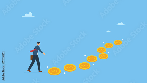 Businessman running to grab money coin trail. Follow the money, chasing for investment yield, profit or earning, change job for better salary or wages, greed or investing opportunity.