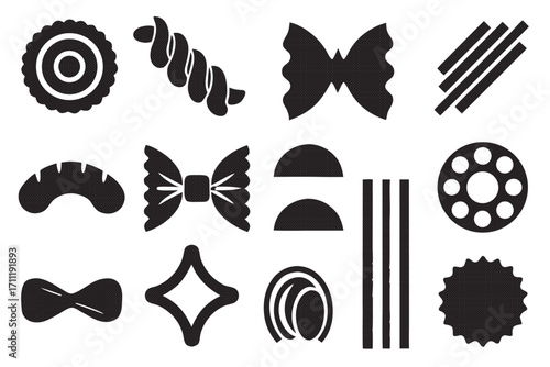 Collection of pasta shapes, including farfalle, fusilli, penne, and rotelle, in a simple black and white illustration