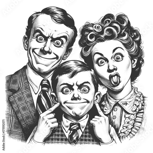 quirky family portrait showing a father, mother, and son making exaggerated silly faces sketch engraving generative ai fictional character vector illustration. Scratch board. Black and white image.