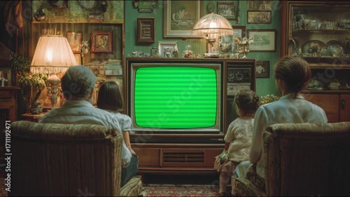 Family watching an old TV with a green screen and a TV signal simulator at home in the 80s and 90s