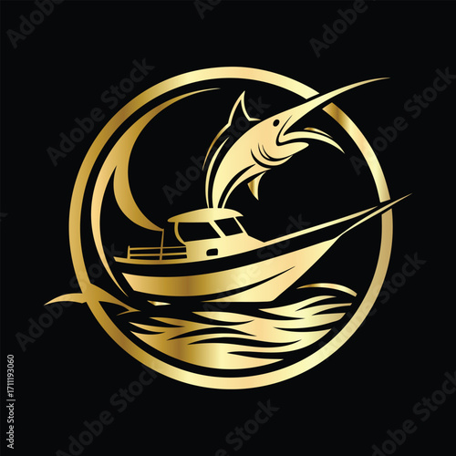 Golden Marlin Fish Logo Design – Luxury Sailfish Vector Emblem for Sport Fishing, Seafood Branding, Ocean Adventure Badge, Premium Fisherman Club Icon, Stylish Golden Logo Illustration.
